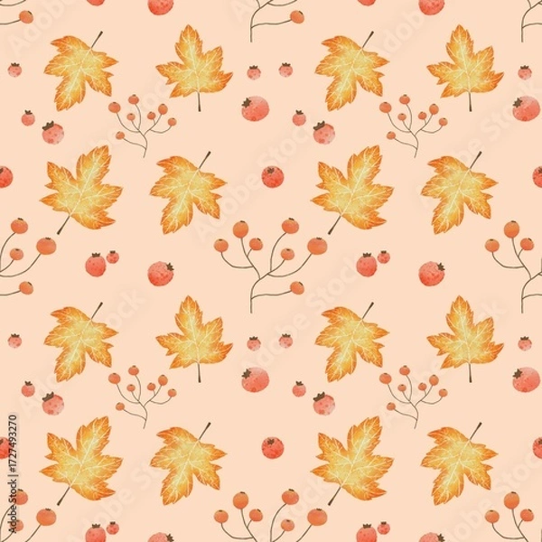 Fototapeta Seamless Autumn Pattern with Maple Leaves and Berries on Beige Background