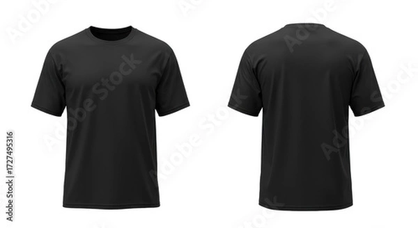 Fototapeta Plain black oversized short-sleeved t-shirt, classic crew neck, smooth cotton, wrinkle-free, front and back views, laid flat on transparent, no shadows, concept for e-commerce product display