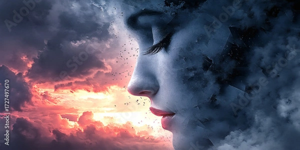 Fototapeta Surreal female profile dissolving into clouds at sunrise – double-exposure art