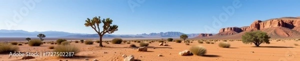 Fototapeta Stark desert landscape with scattered juniper trees and weathered rocks under a vast, cloudless sky, natural, hot, desert flora