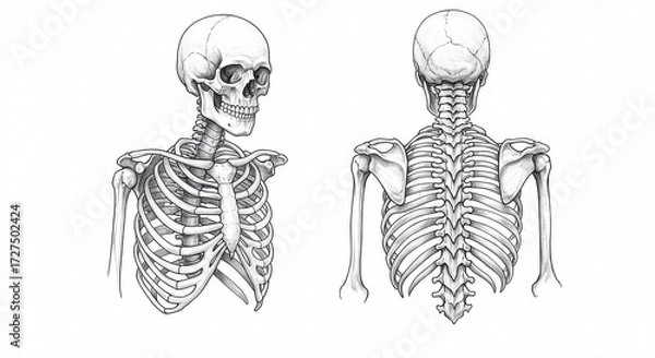 Obraz Anatomical illustration of the human upper torso skeleton, showing anterior and posterior views of the skull, rib cage, and spine.