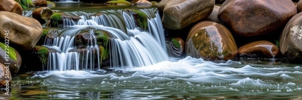 Fototapeta Water cascading over moss-covered rocks, creating a picturesque waterfall scene in a pristine natural environment, natural, geology