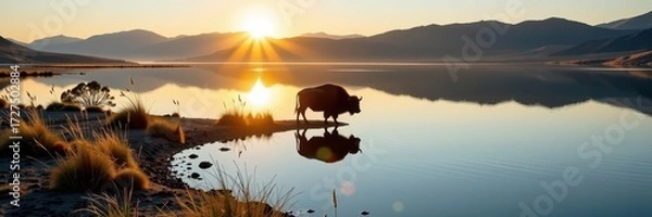 Fototapeta A lone buffalo stands majestically at the edge of a calm reservoir, reflecting in the still water. The sun casts a warm glow on its dark coat, outdoors, nature