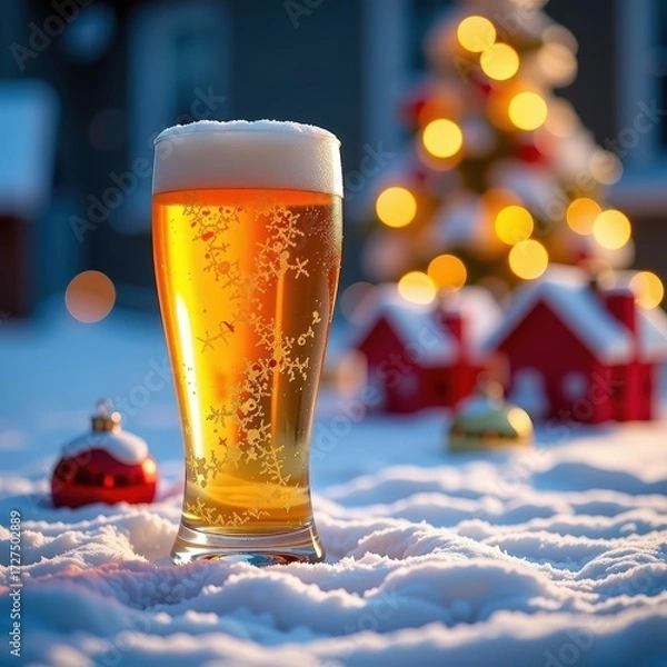 Fototapeta A frosty glass of beer sits on a snowy Christmas background, ready for festive cheer. Plenty of copyspace available, celebration, beverage, snow