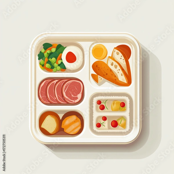 Fototapeta Food tray with assorted meal including meat, vegetables, and bread  