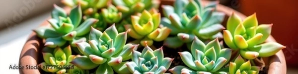 Fototapeta description: Vibrant mixed green succulents thrive in a terracotta pot, bathed in summer sunlight. Fresh, healthy leaves showcase diverse textures and shades of, keywords: succulents, closeup, texture