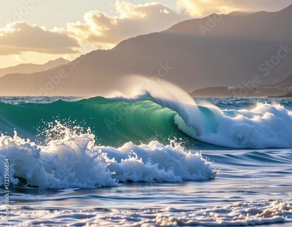 Fototapeta Dramatic ocean wave crashing against the shore with majestic mountains in the background, sun, cliff