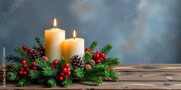 Fototapeta Elegant Christmas candle arrangement with evergreen boughs, pinecones, and berries on a rustic wooden surface, celebration, festive decor, arrangement