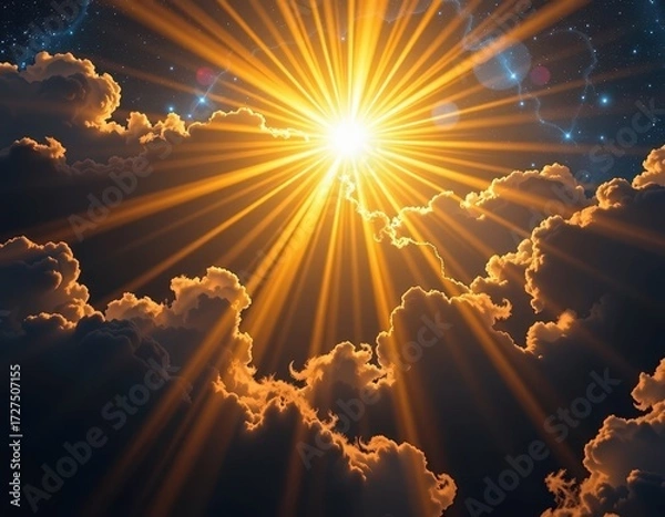 Fototapeta Golden light rays burst from a celestial source, illuminating a dark, mystical background, texture, gold, cosmos