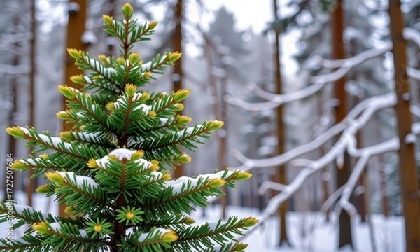 Fototapeta Lush green spruce tree, its thin needles dusted with a light layer of snow, stands tall in a serene winter forest, outdoor, winter scene, white snow