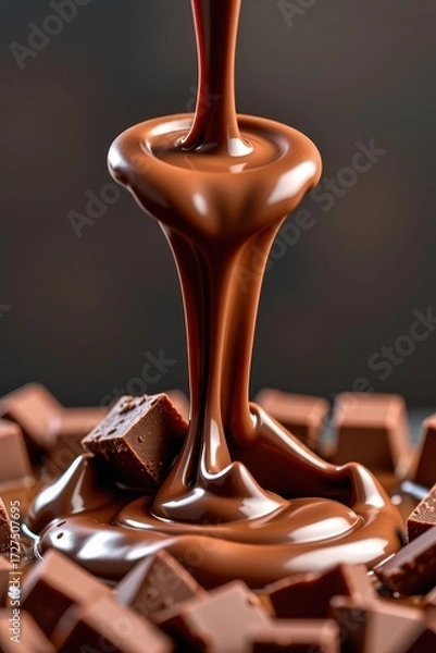 Fototapeta Melted chocolate cascading down a fountain, creating delicious splatters and surrounded by rich chocolate chunks, cascade, gourmet