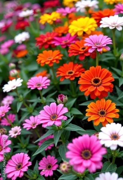 Fototapeta Vibrant blooms burst forth in a meticulously arranged garden bed, showcasing a variety of colors and textures, vibrant colors, natural, cultivation