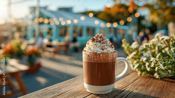 Fototapeta A cup of iced chocolate topped with whipped cream sits on a wooden table surrounded by colorful flowers, with soft sunlight streaming through a glass greenhouse. Concept of relaxing coffee moments in 