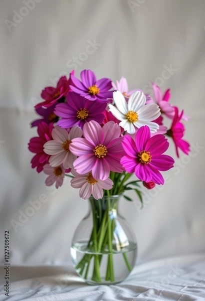 Fototapeta A delicate vase filled with vibrant cosmos flowers in various shades of pink, purple, and white, set against a soft, neutral background, leaves, close-up