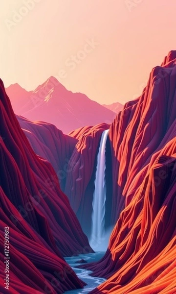 Fototapeta Abstract red landscape, cascading waterfall flowing down vibrant crimson cliffs, surreal mountainous terrain, fiery sunset hues, digital, environment