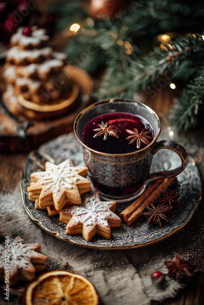 Fototapeta Mulled Wine with Cinnamon and Christmas Cookies on Festive Table