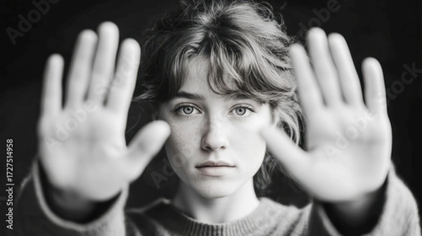 Fototapeta A powerful black-and-white portrait of a young woman with a determined expression, holding her hands up in a gesture of defiance. Her bold stance and emotional eyes send a strong message against domes