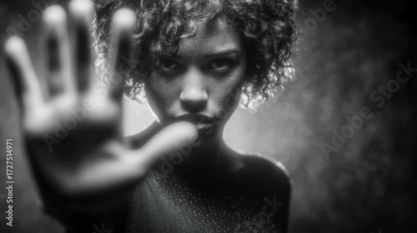 Fototapeta A powerful black-and-white portrait of a young woman with a determined expression, holding her hands up in a gesture of defiance. Her bold stance and emotional eyes send a strong message against domes