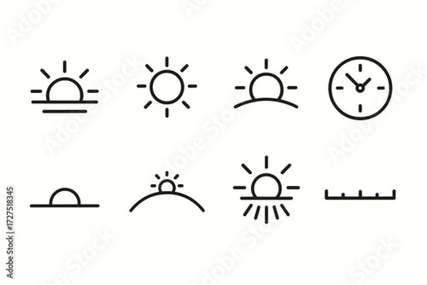 Fototapeta Daylight Hours Icons. Daylight Hours icons in outline style: dawn sun, midday bright sun, dusk sunset, clock marking sun times, glowing horizon line,