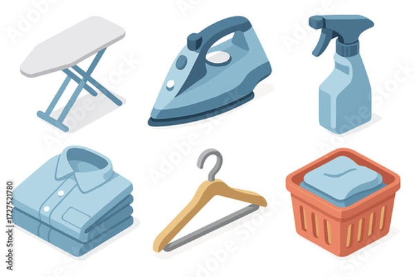 Fototapeta Isometric Laundry Icons. Laundry setup set icons in modern isometric flat : ironing board, steam iron, spray bottle, folded shirt, hanger, laundry