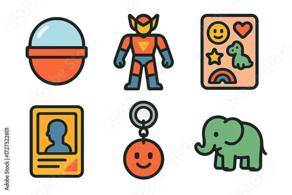 Fototapeta Modern Collectible Icons. Collectible toys in modern flat vector : capsule ball, action figure, sticker sheet, trading card, keychain, mini animal. .