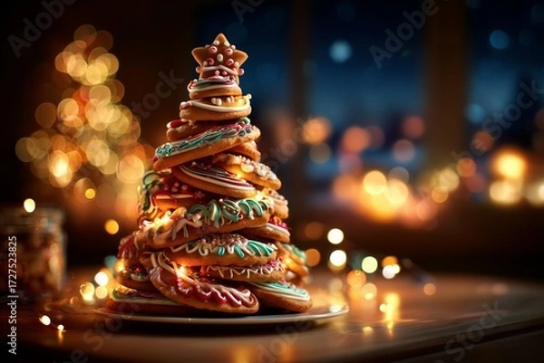 Fototapeta Christmas tree made from decorated cookies with lights.