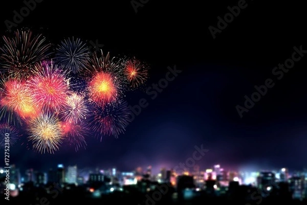 Fototapeta Colorful fireworks exploding in night sky above city.