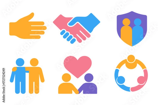 Fototapeta Unity and Support Icons. Support symbols in modern flat vector : helping hand, strong handshake, back-to-back stance, shield with two figures, linked