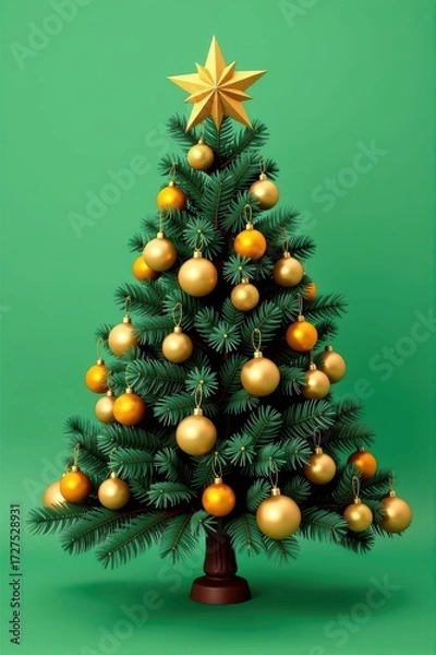 Fototapeta Classic Christmas tree adorned with golden ornaments and a sparkling star, set against a vibrant green backdrop, christmas decoration, elegant, tree