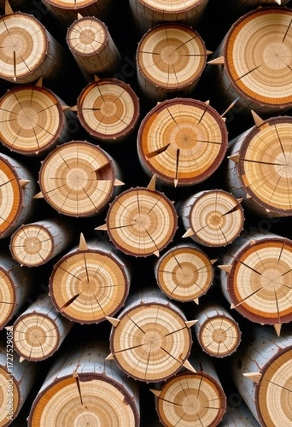 Fototapeta Close-up view of a stacked pile of logs, showing rough bark texture and varying wood diameters, country, winter, pile