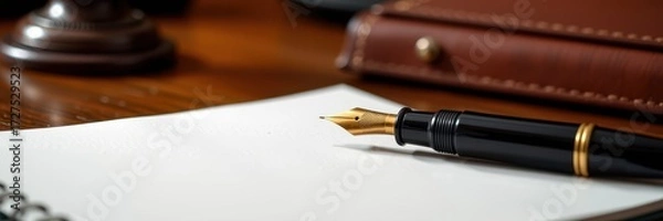 Fototapeta Elegant fountain pen poised above pristine white paper on a rich, dark wood desk, ready to inscribe, paper, writing instrument, wood grain