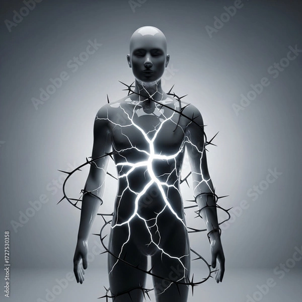 Fototapeta Inner Torment: Body Cracking with Light Surrounded by Thorns, Abstract Emotional Pain