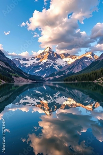 Fototapeta Majestic mountain range reflected in a serene lake, creating a breathtaking landscape of tranquility and natural beauty, landscape, calm