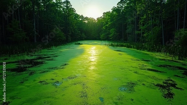 Fototapeta Swamp scenery with green algae bloom and golden sunlight