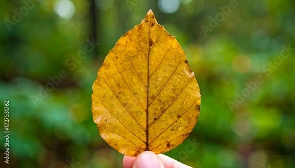Obraz A single yellow leaf is held in the foreground against a blurred forest background