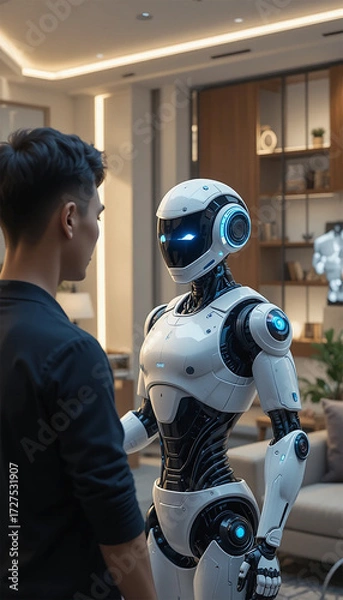 Fototapeta Futuristic Home: Man Interacting with Advanced Robot Assistant in Modern Living Room