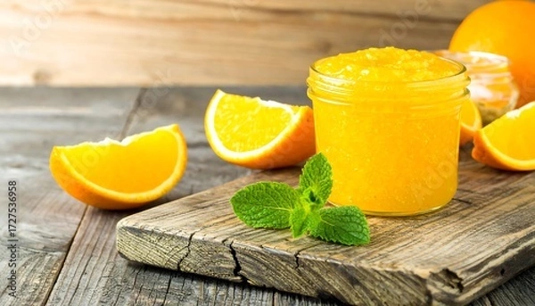 Obraz Bright orange jam in a jar and orange slices, with a mint sprig on wood surface
