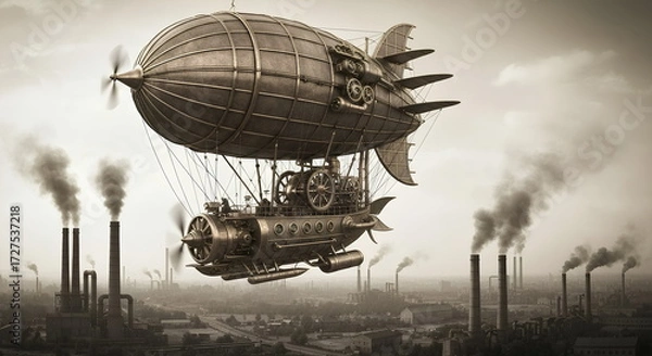 Fototapeta Steampunk Zeppelin Airship Flying Over Industrial Factory With Smoke In Retro Monochrome Style