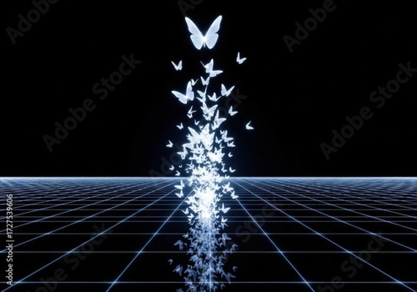 Fototapeta Abstract digital art of glowing white butterflies emerging from a futuristic grid on a dark background