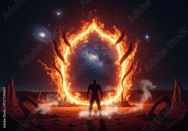 Fototapeta Silhouette of a person standing before a fiery portal to space, scifi, fantasy, alien landscape