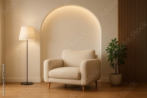Fototapeta Comfortable cream armchair bathed in warm light with soft arch accent illustration