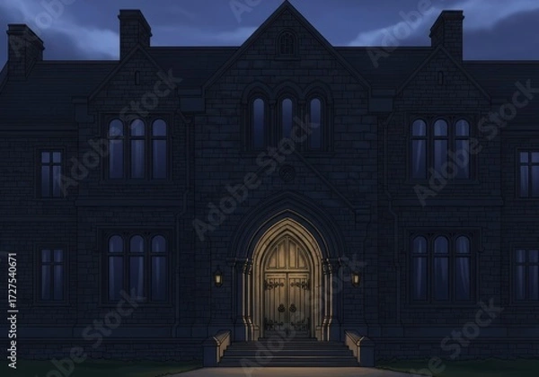 Fototapeta Gothic mansion facade at night with illuminated entrance and arched windows, creating a mysterious and imposing atmosphere