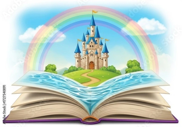 Fototapeta Open book with a fairytale castle and rainbow emerging from the pages, isolated on white background
