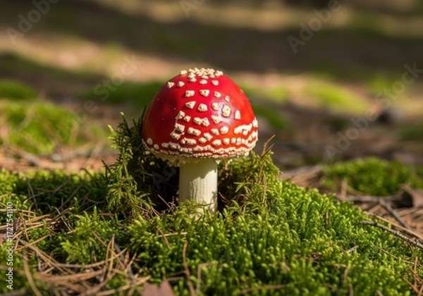 Fototapeta Amanita muscaria mushroom, also known as fly agaric, growing in mossy forest floor with blurred background