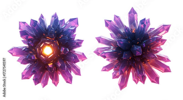 Obraz Two Vibrant Purple Crystal Clusters with Glowing Core on Black Background png clear alpha channel cutout isolated on transparent background
