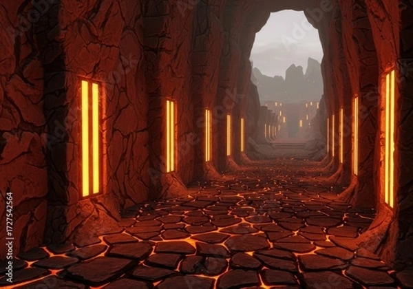 Fototapeta Pathway through a fiery volcanic cave with glowing orange lights and rocky walls
