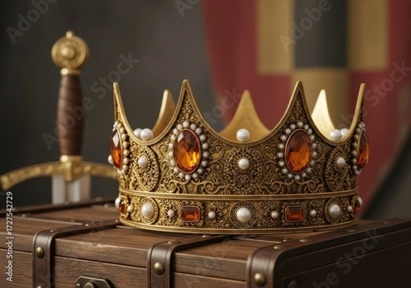 Fototapeta Ornate golden crown with amber jewels resting on a wooden chest, with a medieval sword in the background