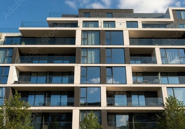Fototapeta Modern apartment building with balconies and large windows, seen from a low angle on a sunny day