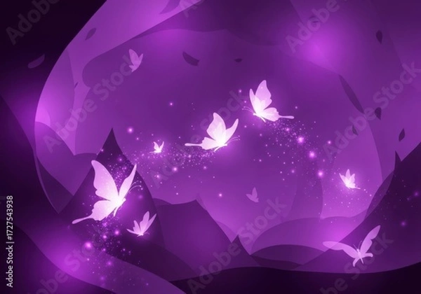 Fototapeta Magical glowing butterflies flying in a mystical purple fantasy landscape with sparkling lights and bokeh effect