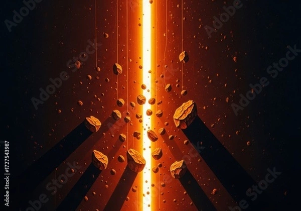 Fototapeta Explosion of glowing orange light beam in dark space with flying debris and particle effect, scifi concept